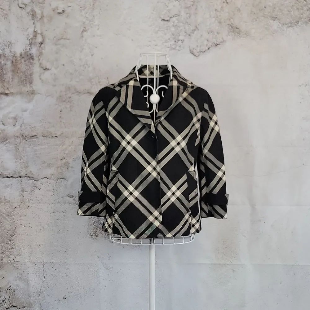 Talbots Blazer Jacket Black & Cream Plaid Womens Size 6P